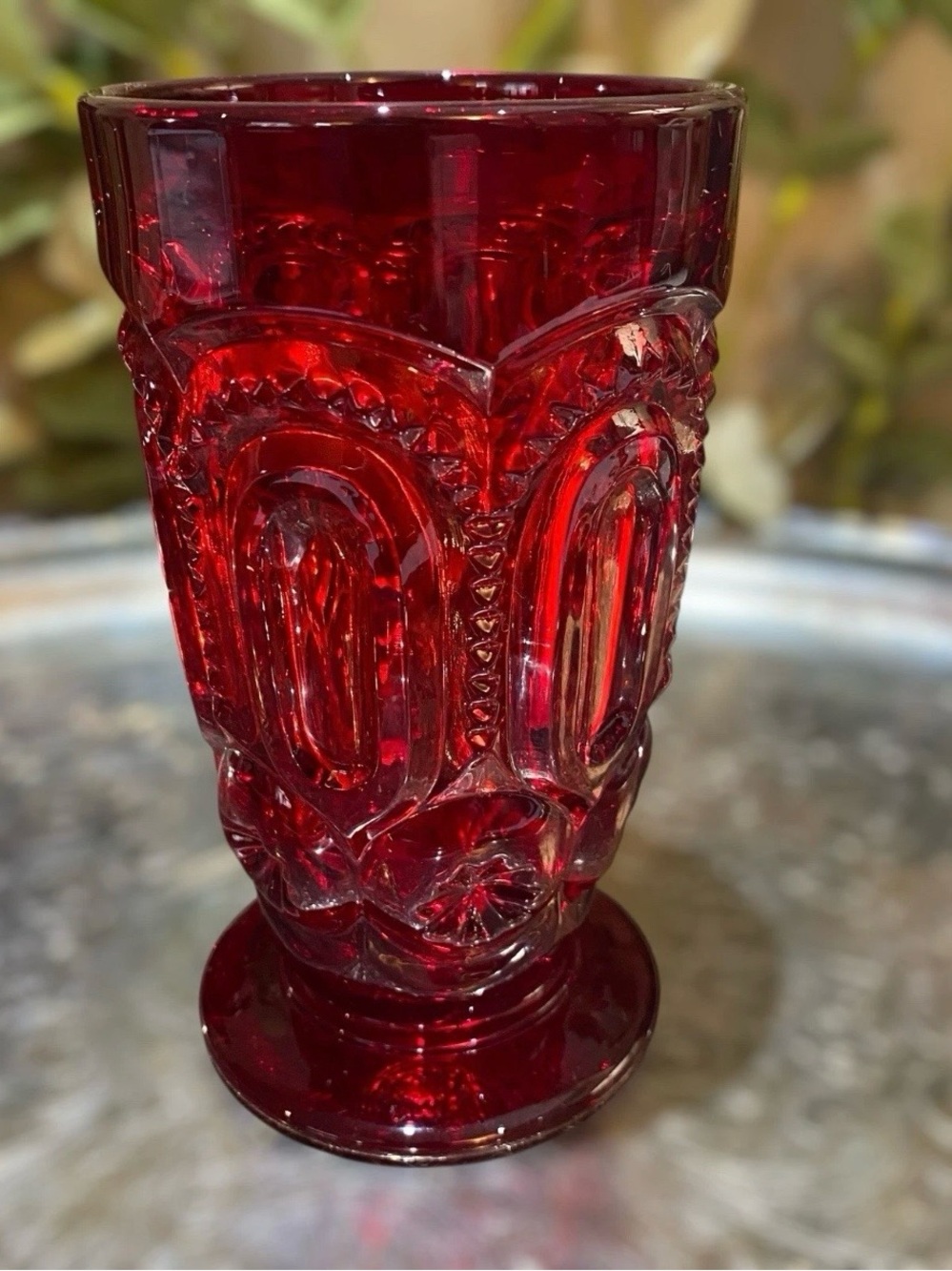 LE Smith Moon & Stars Iced Tea Water Tumbler Ruby Red Vintage Glass MCM